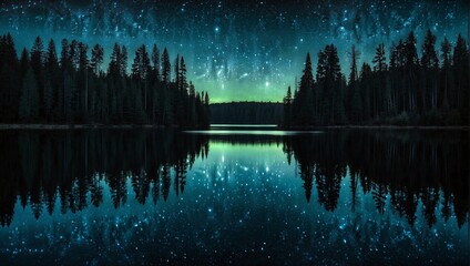 Reflection water for landscape nature with starry night, dark surrealism nature - obrazy, fototapety, plakaty