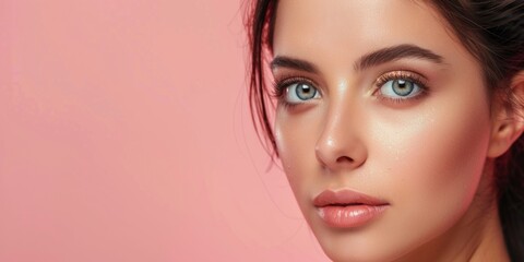 young brunette woman with smooth skin and silky hair close-up portrait  pink background Generative AI