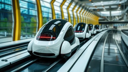 Sleek autonomous transportation pods line up in a bright, contemporary transit hub, ready to revolutionize urban travel with a focus on sustainability and efficiency