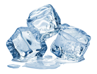 Transparent ice cubes with water droplets, cut out - stock png.