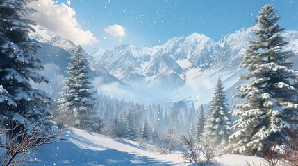 trees snowy pine mountains