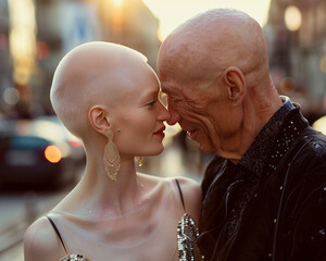 Ein alter Mann und eine Frau (Albino) zeigen ihre tiefe Verbundenheit und Zuneigung auf der Straße. KI generiert. - 751747531