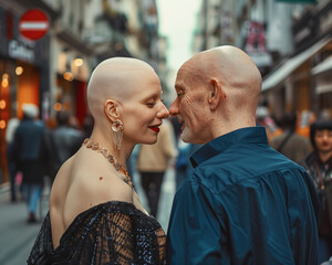 Ein alter Mann und eine Frau (Albino) zeigen ihre tiefe Verbundenheit und Zuneigung auf der Straße. KI generiert. - 751747541
