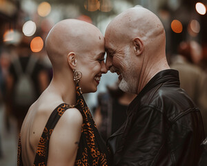 Ein alter Mann und eine Frau (Albino) zeigen ihre tiefe Verbundenheit und Zuneigung auf der Straße. KI generiert. - 751747550