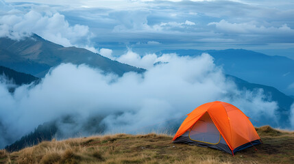 Orange tent high in the mountains above the clouds. Adventure concept