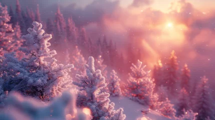 Photo sur Plexiglas Lavende Snow covered trees in the mountains at sunset. Beautiful winter landscape. Winter forest. Creative toning effect.