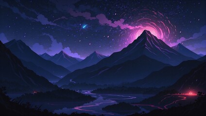 Landscape nature starry night, light purple galaxy, dark mountains, surrealism nature - obrazy, fototapety, plakaty