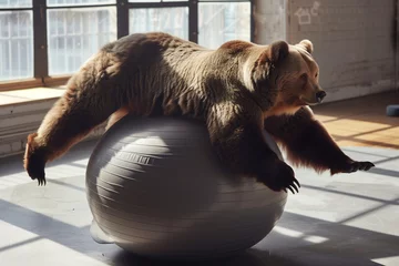 Foto op Aluminium A brown bear is laying on a  fit ball.  © lashkhidzetim