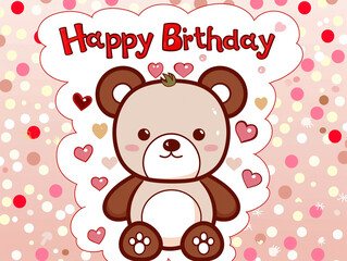 Adorable teddy bear cartoon on polka dot background for birthday greeting card