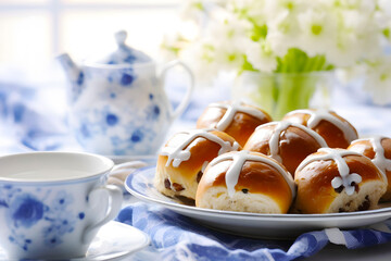 Homemade baked Easter traditional appetizing hot cross buns. Easter holiday baking beautifully decorated table for Easter, serving in white and blue, white ceramic plate, blossom willow branches
