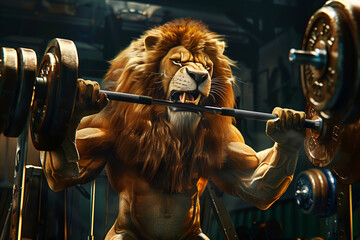 A lion is standing in front of a weightlifting bar. The lion is holding the bar with its front paws and he is lifting it. Concept of strength and power, as the lion is a symbol of courage.  - obrazy, fototapety, plakaty