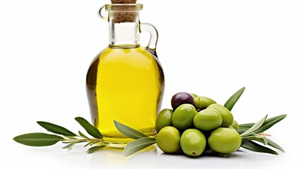 An arrangement of olive branch and olive oil within a bottle, isolated against a white background.