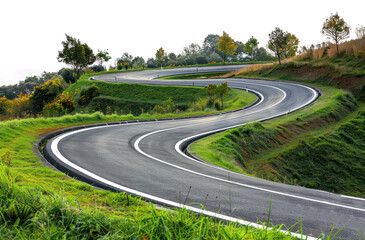 Curvy mountain road with greenery on transparent background - stock png.