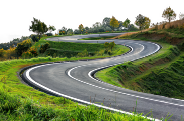 Curvy mountain road with greenery, cut out - stock png.