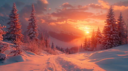 Snow covered trees in the mountains at sunset. Beautiful winter landscape. Winter forest. Creative...