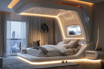 A futuristic bedroom with a white bed. The room is illuminated with lights, giving it a modern and sleek appearance. 