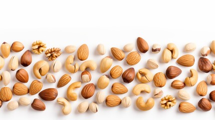 An artistic arrangement of hazelnuts, almonds, walnuts, peanuts, and cashews on a white background, creating a flat lay display. (Food concept)