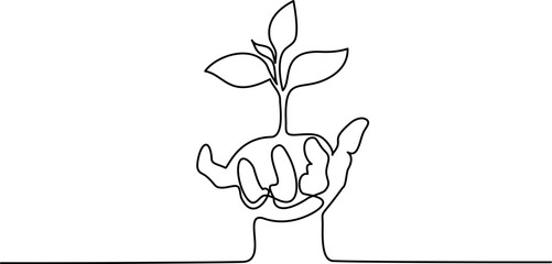 Hands keep sprout of plant. Continuous one line drawing.