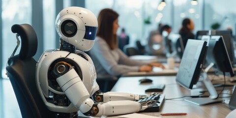 A humanoid robot with advanced features is seated at a desk, engaging in tasks alongside human colleagues in a modern office setting. AIG41