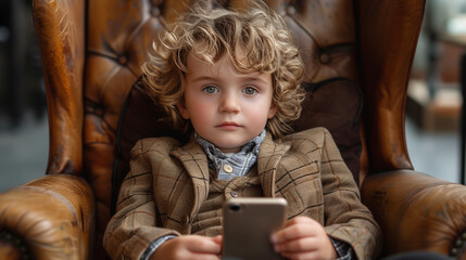 Young Entrepreneur: Child in Business Suit with Smartphone