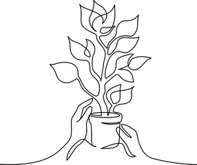 Human hands keep Plant tree in pot. Continuous one line drawing. - 751749916