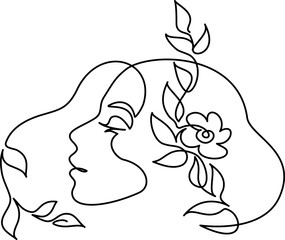 Abstract woman face with flower and leaves. Continuous one line drawing. - 751750181