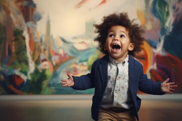 Young boy with curly hair expresses pure joy and surprise, arms open wide in front of a colorful abstract painting, his eyes shining with excitement - obrazy, fototapety, plakaty