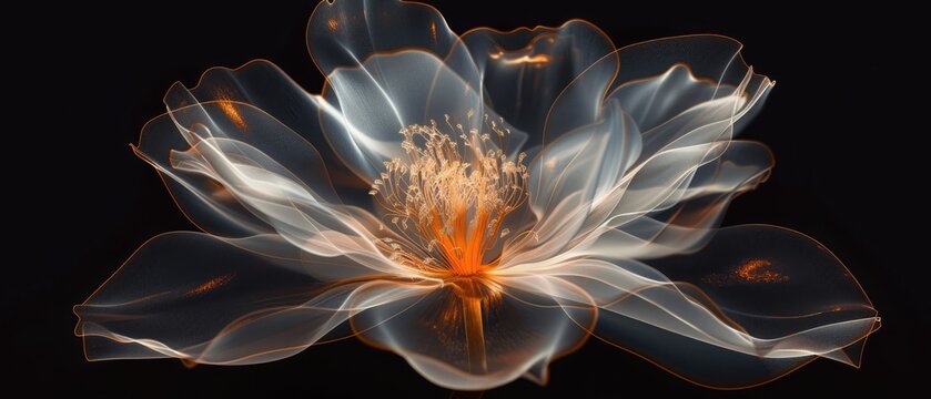 A close-up of a glowing white lotus flower with orange tips. The flower is set against a black background.