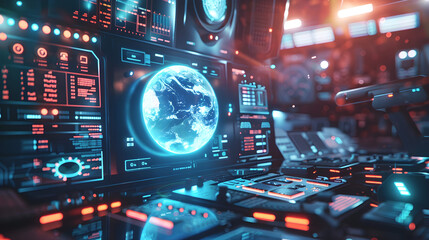Futuristic cyberspace with Earth Globe hologram in control center with user interface