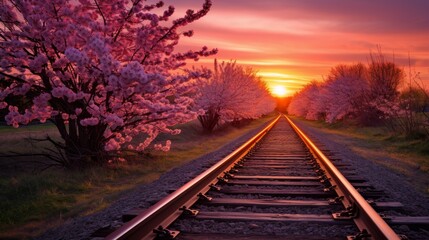 Spring sunset on railway tracks - obrazy, fototapety, plakaty