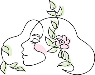 Abstract woman face with flower and leaves. Continuous one line drawing. - 751750387