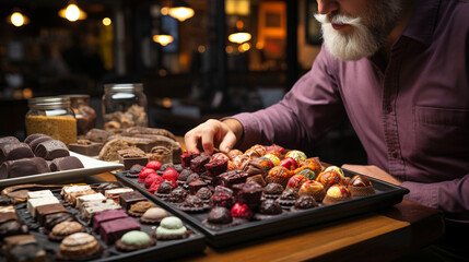 Chocolate tasting session: A man savoring and analyzing different chocolates. - obrazy, fototapety, plakaty