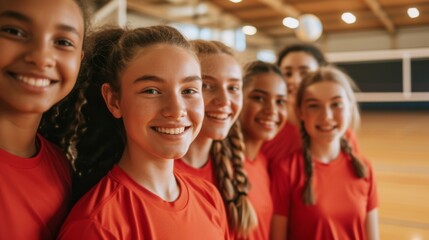 A smiling girls' volleyball team in red uniforms poses indoors, embodying teamwork, camaraderie, and the joy of youth sports