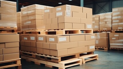 tack of Package Boxes on Pallet in storage. 