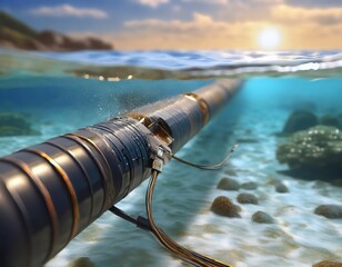 Submarine communication cable, vital for global connectivity, has been compromised near the ocean's surface, under the glow of a setting sun - obrazy, fototapety, plakaty