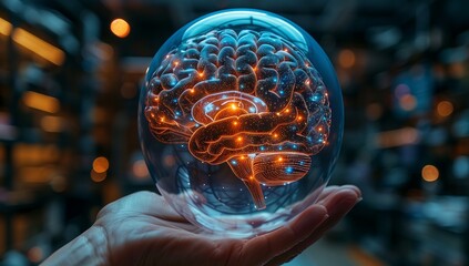 The person is holding a glass ball filled with a brain, emitting an electric blue glow. The intricate pattern and symmetry inside the ball looks like a work of art in macro photography - Powered by Adobe