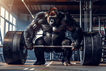 A gorilla is lifting a barbell. The image has a strong, muscular feel to it, and the gorilla's pose suggests that it is in the middle of a workout. - Powered by Adobe