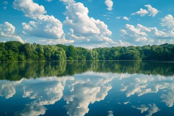 a body of water with trees and clouds in the sky - obrazy, fototapety, plakaty
