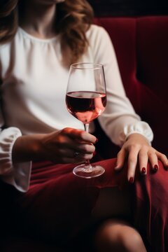 Woman formally dressed in retro style holding a glass of red wine.