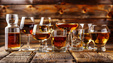 Strong Spirits Set. Hard alcoholic drinks in glasses in assortment: vodka, cognac, tequila, brandy and whiskey, grappa, liqueur, vermouth, tincture, rum