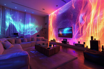 A living room with a large screen TV and a red and purple theme. The room is decorated with a red...