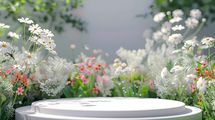 Fototapeta na wymiar Podium flower product white 3d spring table beauty stand display nature white. Garden floral background cosmetic field scene gift day