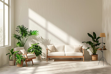 A living room with a white couch and a bunch of potted plants. The plants are hanging from the ceiling and the couch is placed in front of a window. The room has a natural and calming atmosphere