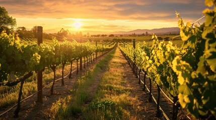 Fototapeta na wymiar The setting sun casts a golden glow over row upon row of grapevines in a sprawling vineyard, symbolizing a rich harvest season. Resplendent.