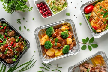 Set of glass containers with fresh food on grey table, flat lay