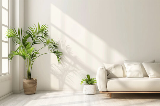 A living room with a white couch and a bunch of potted plants. The plants are hanging from the ceiling and the couch is placed in front of a window. The room has a natural and calming atmosphere
