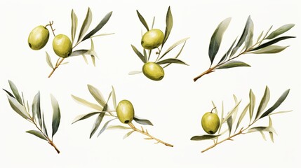 Obraz premium Green olives and olive branches showcased against a white backdrop.