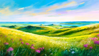 Poster Abstract oil painting of beautiful green field landscape. Blue sky with clouds. Hand drawn art © hardvicore
