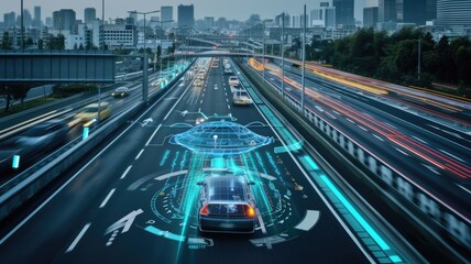 Autonomous electric vehicle on a smart highway with interactive road signs and traffic management, symbolizing the future of transportation
