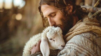 Jesus Christ holding a Lamb. AI Generative - obrazy, fototapety, plakaty